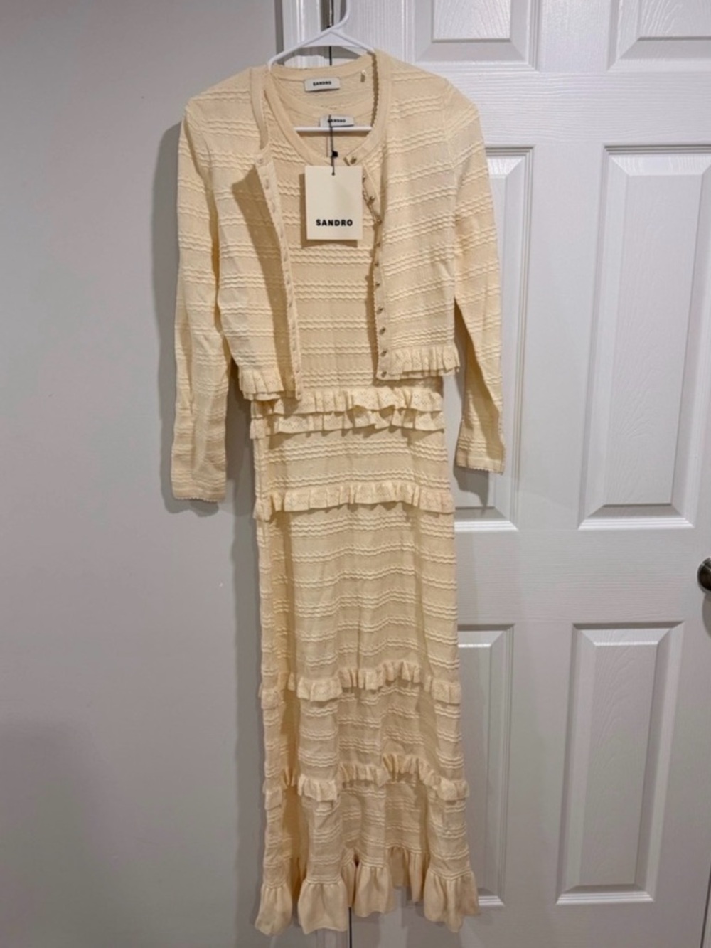 Sandro set Cream Knit Maxi Dress and Cardigan with Tiered Ruffle Panels - Picture 4 of 7